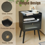 AWASEN Black Nightstand with Charging Station, Modern Bedside Table with Glass Decorative Drawer, Small End Table Side Table with 2 Tiers Storage Space, for Bedroom, Office and Small Space (Black) AWASEN