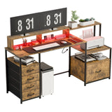 EDWINENE Computer Desk with Drawers, 67 Inch Office Desk with Storage and Power Outlet, Work Table for Home Office, Gaming Desk with Led Lights, Rustic Brown EDWINENE