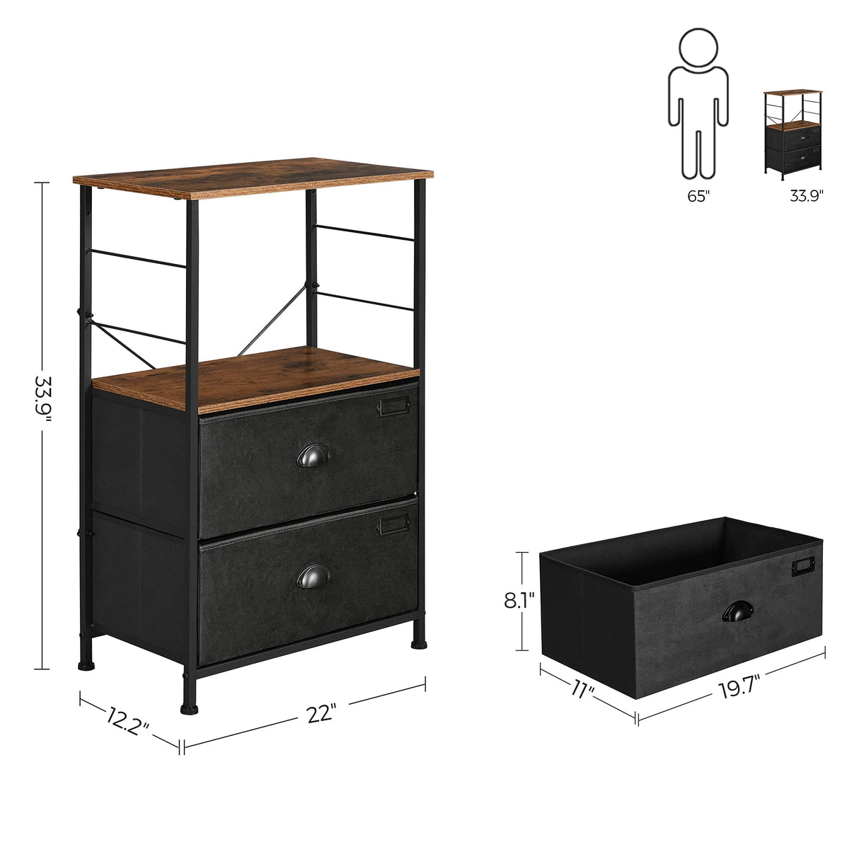 SONGMICS Nightstand, Industrial Bedside Table with 2 Fabric Drawers, Storage Shelves, Vertical Dresser Storage Tower with Wooden Top, Metal Frame, Labels, Rustic Brown and Black ULVT03H SONGMICS
