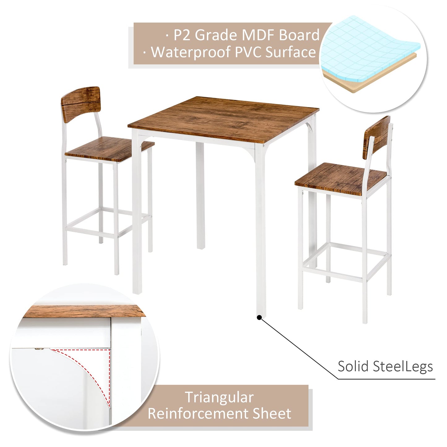 HOMCOM 3-Piece Industrial Counter Height Bar Table Set with Stools in Walnut and White