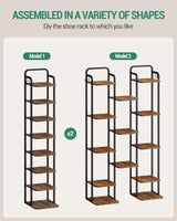 Hzuaneri 8 Tiers Vertical Shoe Rack, Narrow Shoe Tower, Tall Shoes Shelf with 2 Hooks, Adjustable Shelves, Corner Shoes Shelves for Small Spaces, Entryway, Living Room, Rustic Brown SR04301B Hzuaneri