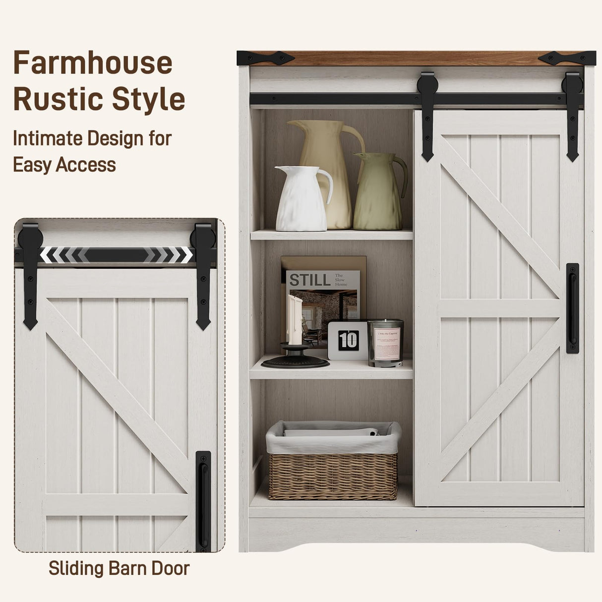 Farmhouse Bathroom Floor Storage Cabinet with 4 Drawers, Bathroom Cabinet with Sliding Door, Rustic Storage Organizer for Kitchen, Living Room, Rustic Style, White Halitaa