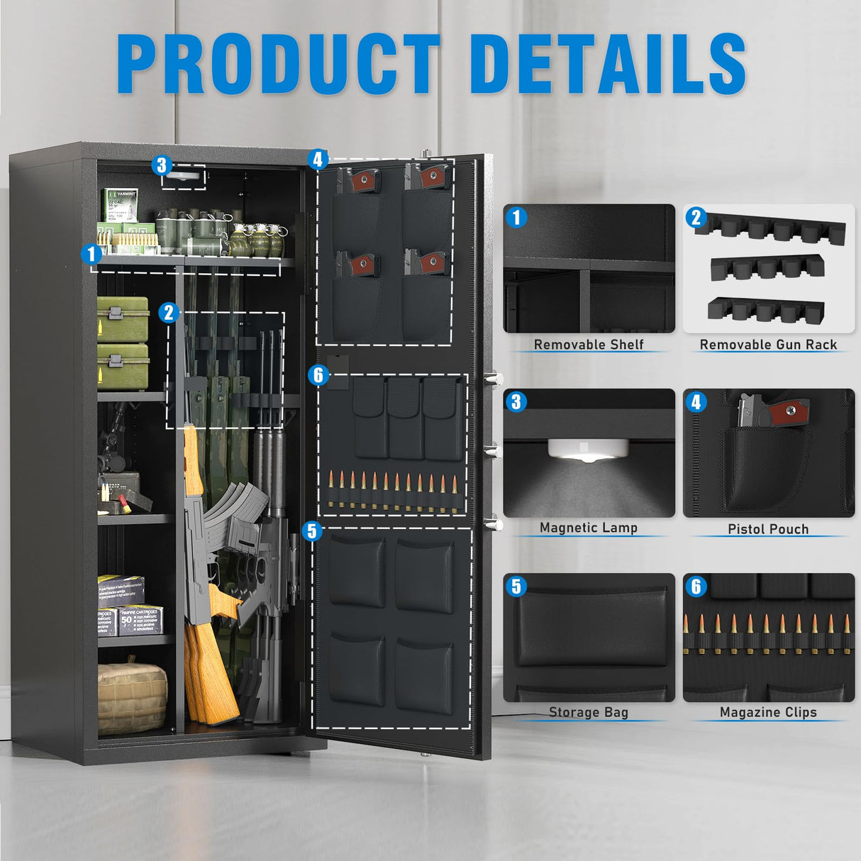 15-20 Gun Safe for Rifles and Pistols, Large Unassembled Rifle Safe with Adjustable Shelf & Gun Rack, Quick Access Gun Cabinet for Home and Shotguns with Mute Function & Dual Alarm Riflevault