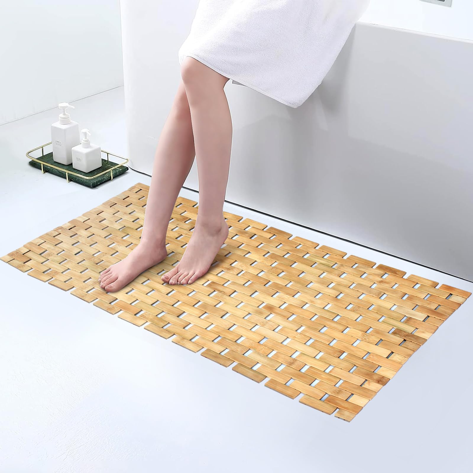 Smart FENDEE Natural Bamboo Bath Mat, 34 x 16 Inches Large Non-Slip Bamboo Shower Mat, Large Waterproof Foldable Wood Bath Mat for Bathtub, Sauna, Spa, Indoor or Outdoor Bathroom Accessories - WoodArtSupply