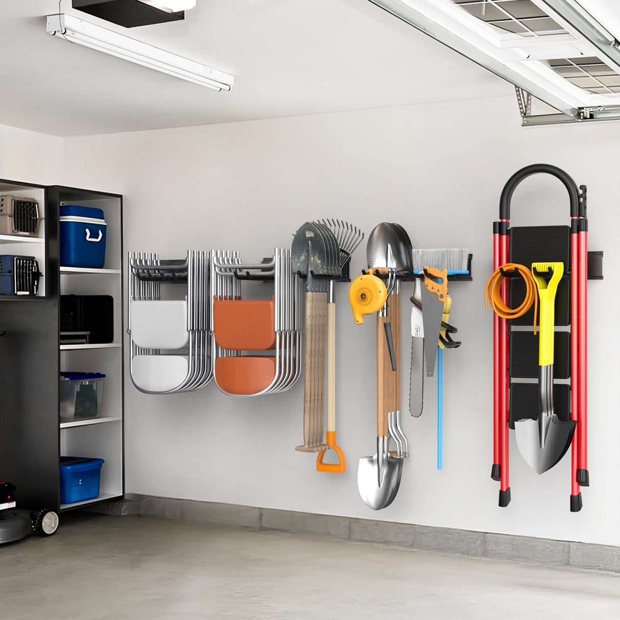 WALMANN Wall Mounted Garden Tool Organizer for Garage, Heavy Duty Folding Chair Storage Rack, 11-Inch Tools Storage Hooks for Shovels, Rakes, Ladders, Hold Up to 400 lbs WALMANN