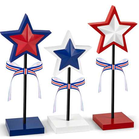 3 Pieces 4th of July Tiered Tray Decor Wood Star Set, Memorial Day Table Decorations, Rustic Patriotic Table Decorations, Red White and Blue Decorations for Home Tables(Classic) Sereliy