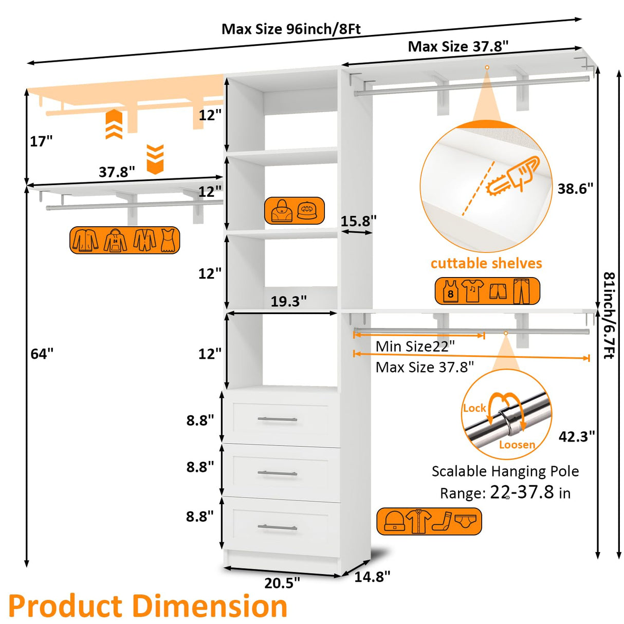 Sokiche Closet System with Drawers, 5FT-8FT Closet Organizer System with Shelves & Adjustable Hanging Rods, 96" Walk in Closet System Storage Wood, White Sokiche