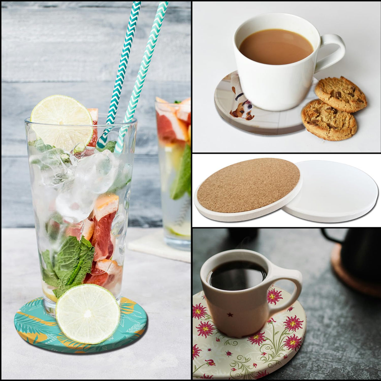 Sublimation Ceramic Coasters Blanks Bulk Round Drinks Coffee Cup Beverage Table Coaster, Absorbent Ceramic Coaster Set, Heat Transfer Cup Coasters for Home Decor with Cork Backing Pads (2PCS) Threenine