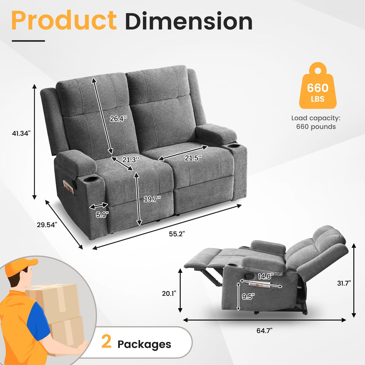RIHEREFY Loveseat Recliner, Loveseat Sofa with Adjustable Footrest, Wall Hugger Recliner for Living Room & Home Theater & RV(Gray) RIHEREFY