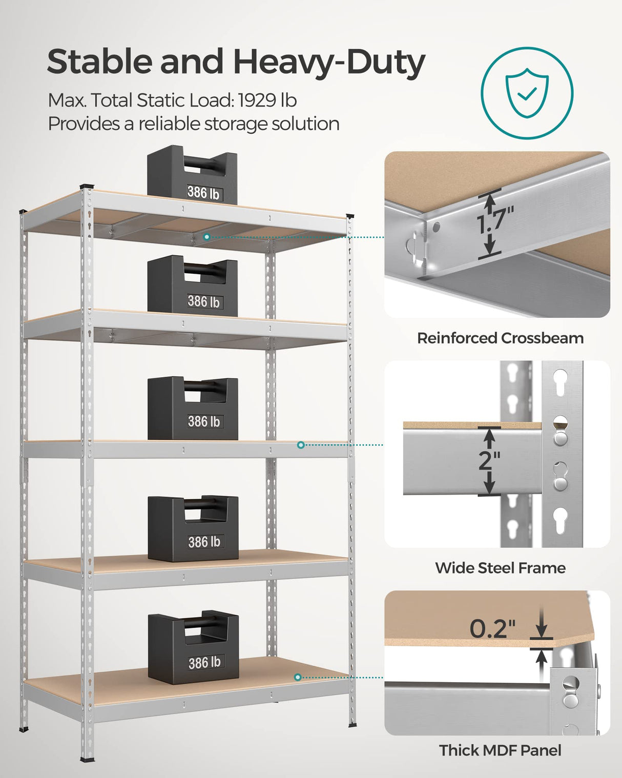 SONGMICS 5-Tier Storage Shelves, Set of 2 Garage Storage, Boltless Assembly, Adjustable Shelving Units, 23.6 x 47.2 x 70.9 Inches, Load 1929 lb Each, Shed Warehouse Basement, Silver UGLR600E02 SONGMICS