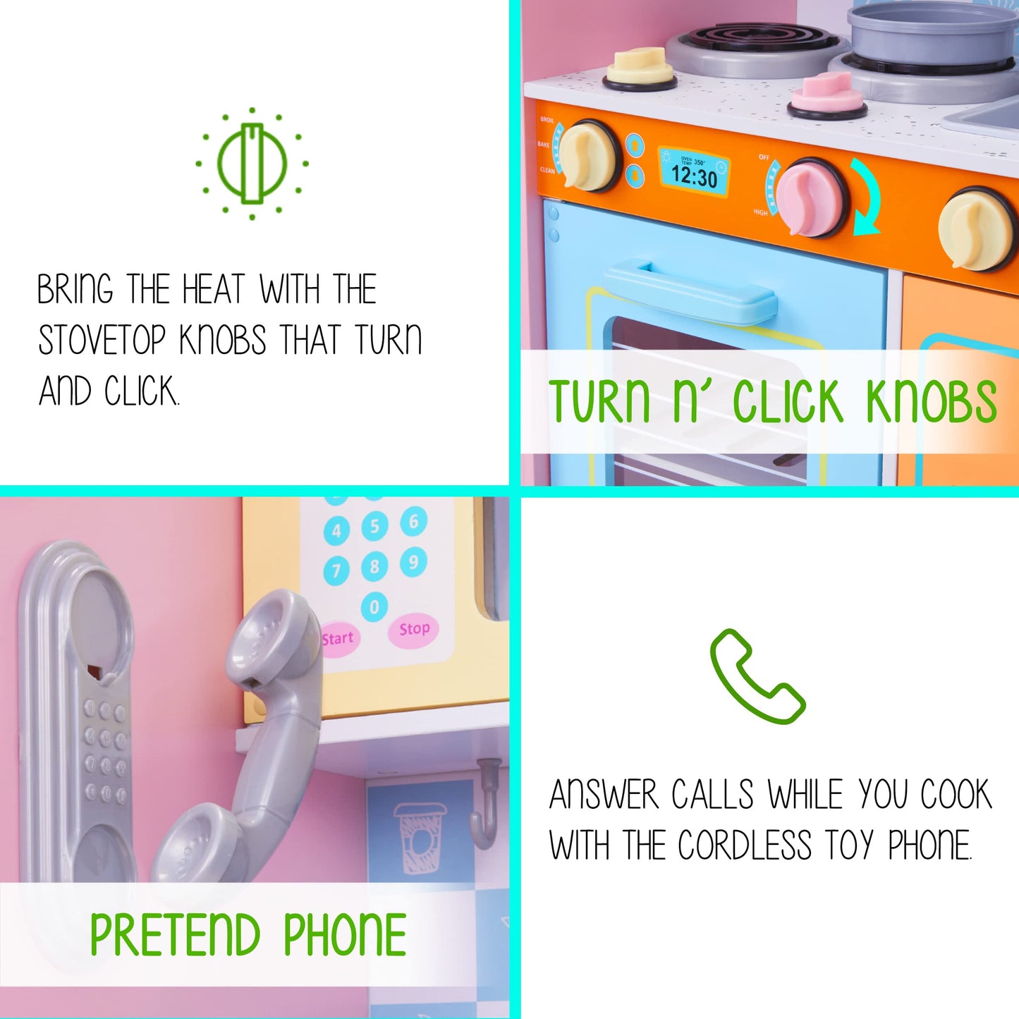 Lil' Jumbl Kids Kitchen Set, Pretend Wooden Play Kitchen with Chalk Board, Play Phone, Towel Rack & Ice Dispenser, Clicking Knobs, Pots & Utensils Included - Colorful