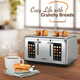 Mecity 4 Slice Toaster Touch Screen Control 4 Wide Slot, Stainless Steel Smart Bread Toaster for Bagel Muffin Waffle, Dual Control Pannel, Timer, Defrost, Reheat, 120V 1650W Mecity