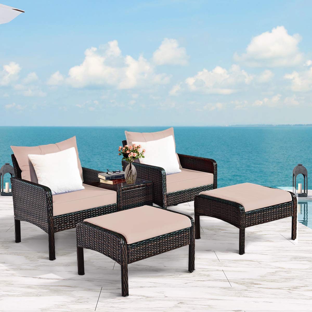 Tangkula Wicker Furniture Set 5 Pieces PE Wicker Rattan Outdoor All Weather Cushioned Sofas and Ottoman Set Lawn Pool Balcony Conversation Set Chat Set Tangkula