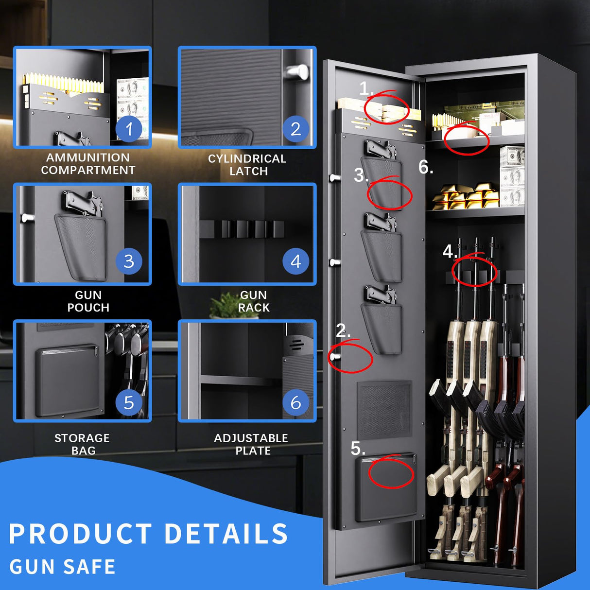 ZIWJHK 5 Gun Safe for Rifles and 3 Pistols Quick Access Biometric Gun Safe No Assembly Required Larage Gun Cabinet Tall Liberty Gun Safe with Adjustable Shelves Gun Locker Adjustable & Alarm ZIWJHK