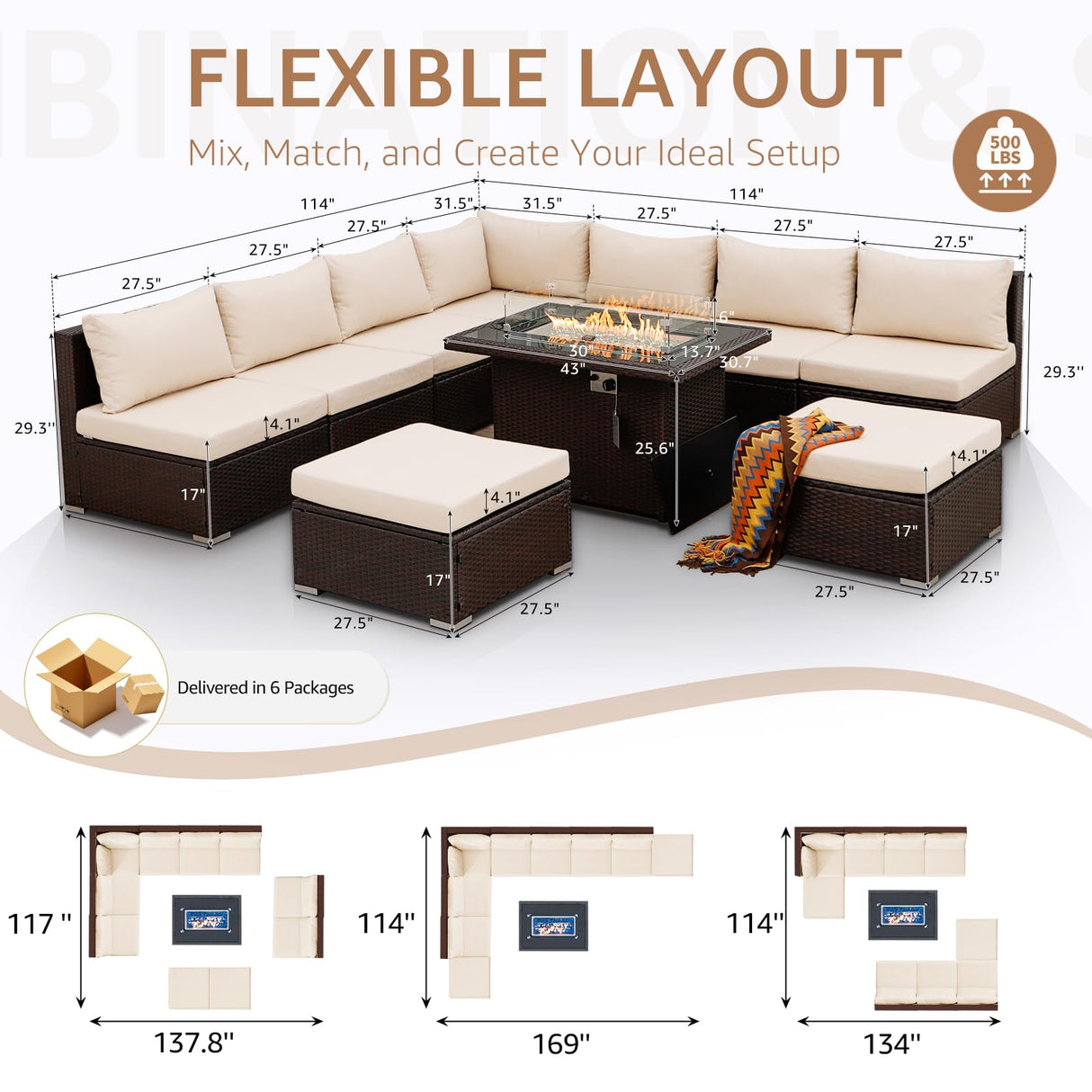 NICESOUL 10 Piece Patio Furniture Sectional Set with Fire Pit Propane/Natural Gas Convertible, 29.3'' High Back Deep Wide Outdoor Couch, 9 Seater Oversized High-End Wicker Conversation Sofas, Brown NICESOUL