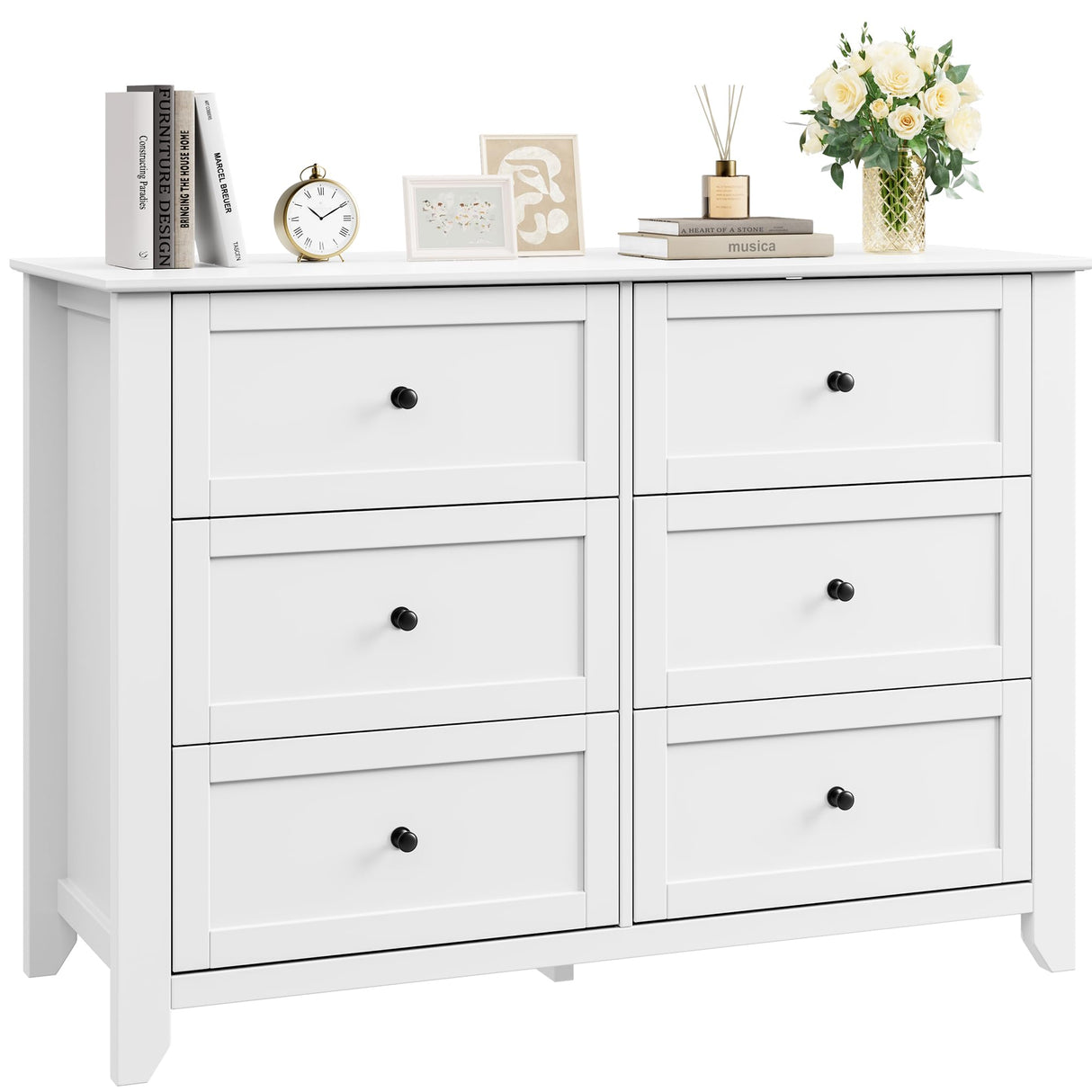 IDEALHOUSE White Dresser for Bedroom, Large 6 Drawer Dresser with Deep Drawers & Metal Knobs, Modern Wooden Double Chests of Drawers for Entryway, Hallway IDEALHOUSE
