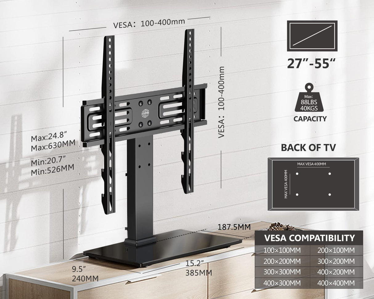 FITUEYES Universal TV Mount Stand Table Top TV Stand for 27-55 inch TVS Height Adjustable TV Stand Mount, Glass Base, Black FITUEYES