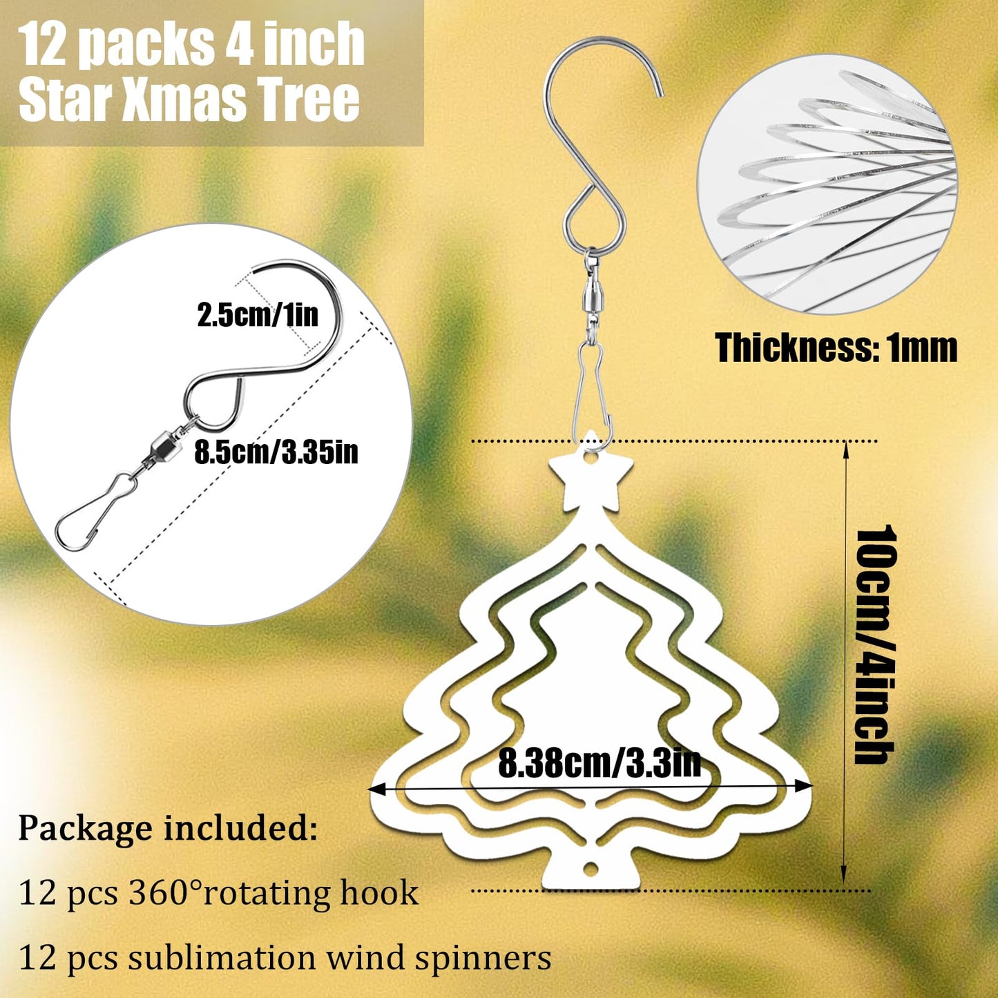 WindMage 12 Pack 4 inch Sublimation Wind Spinner Blanks 3D Aluminum Metal Wind Sculpture Kinetic Spinners for Yard Garden Indoor Art Sublimation Christmas Ornament Hanging Decoration (Xmas Tree)