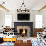Benkut Farmhouse Wagon Wheel Chandelier 23.6" Black Rustic Light Fixtures 8-Light Wood Round Chandelier for Dining Room Kitchen Entryway Foyer Benkut