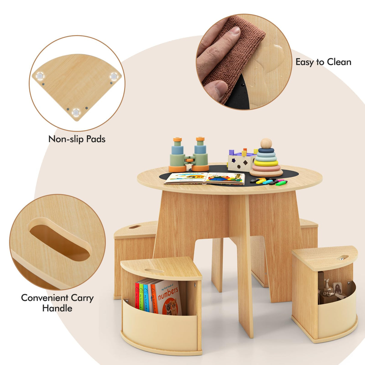 INFANS Toddler Table and Chair Set with 4 Storage Stools, Wooden Flower Shaped Nesting Table with Blackboard Drawers, Children Multi-Activity Table for Art Crafts Draw Read Boys Girls 3+ (Natural) INFANS
