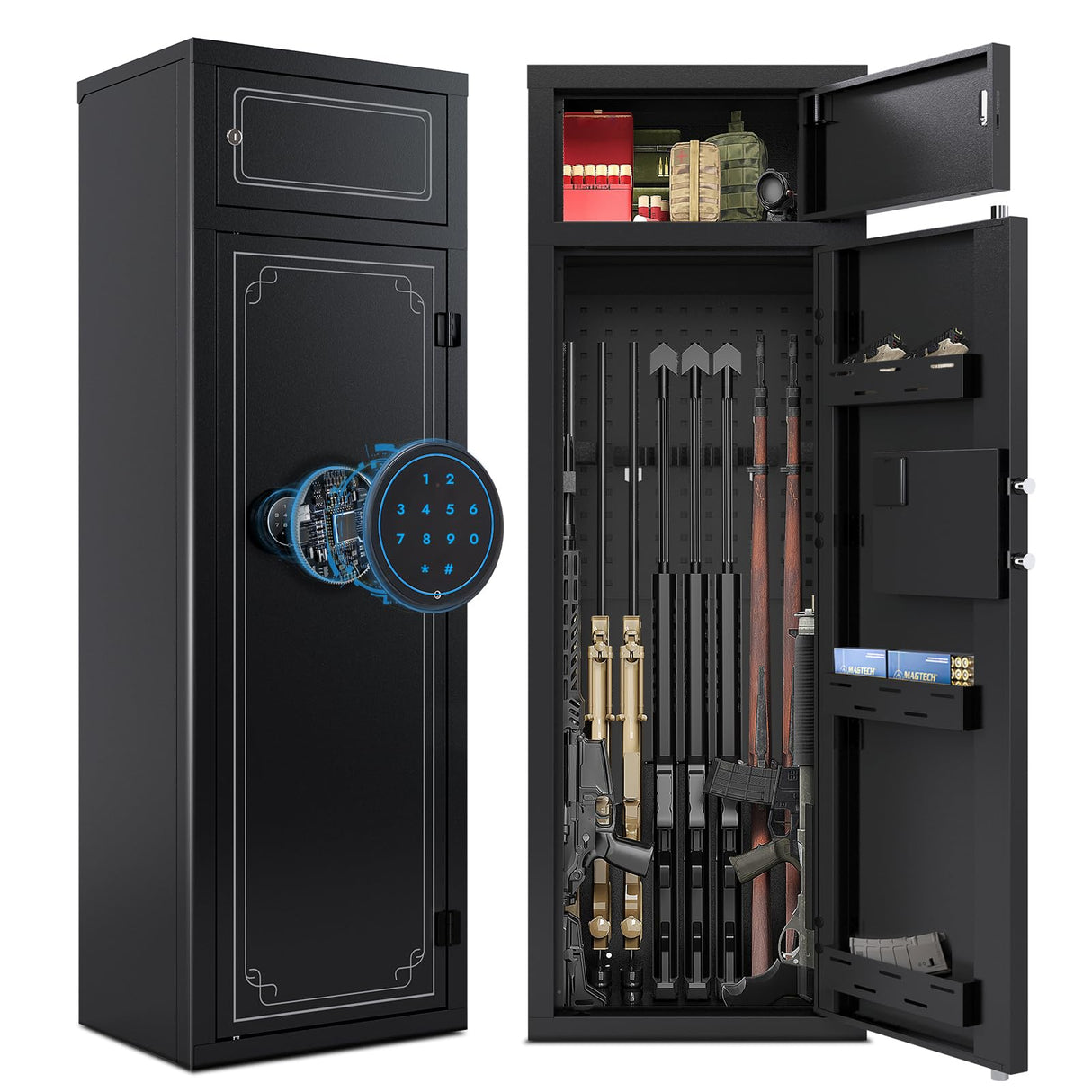 10-12 Gun Safe for Rifles and Pistols, Gun Cabinet, Quick Access Gun Safes for Home Rifles and Shotguns, Rifle Safe, Electronic Gun Safe with Removable Shelf and Gun Racks (Assembly Required) (Black) SAPITAL