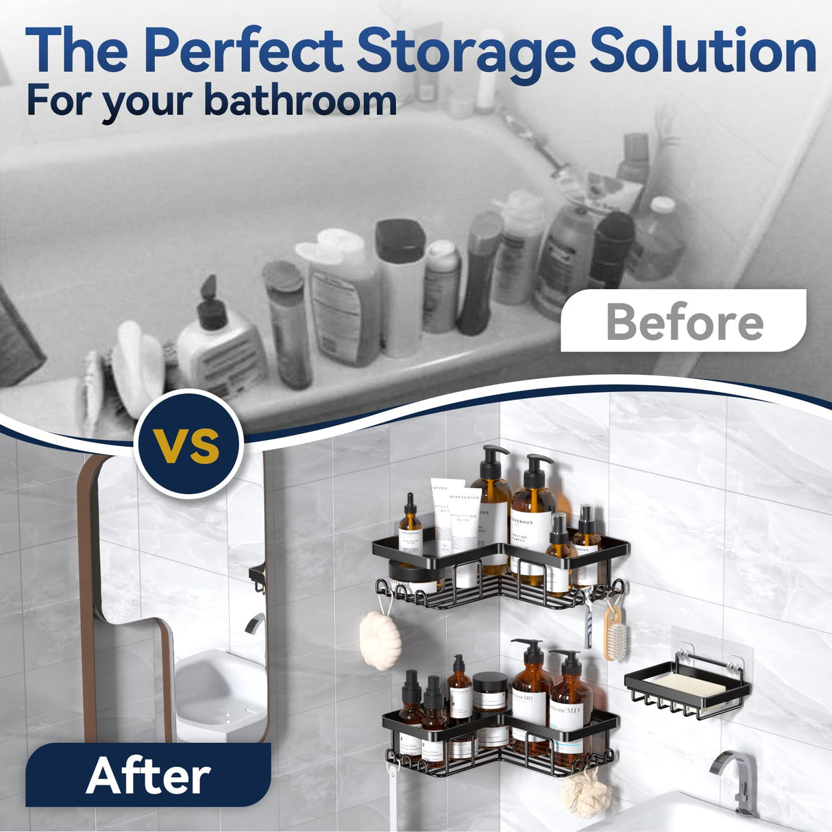 YASONIC Corner Adhesive Shower Caddy, with Soap Holder and 12 Hooks, Rustproof Stainless Steel Bathroom Organizer, No Drilling Wall Mounted Rack, Black, 3-Pack YASONIC