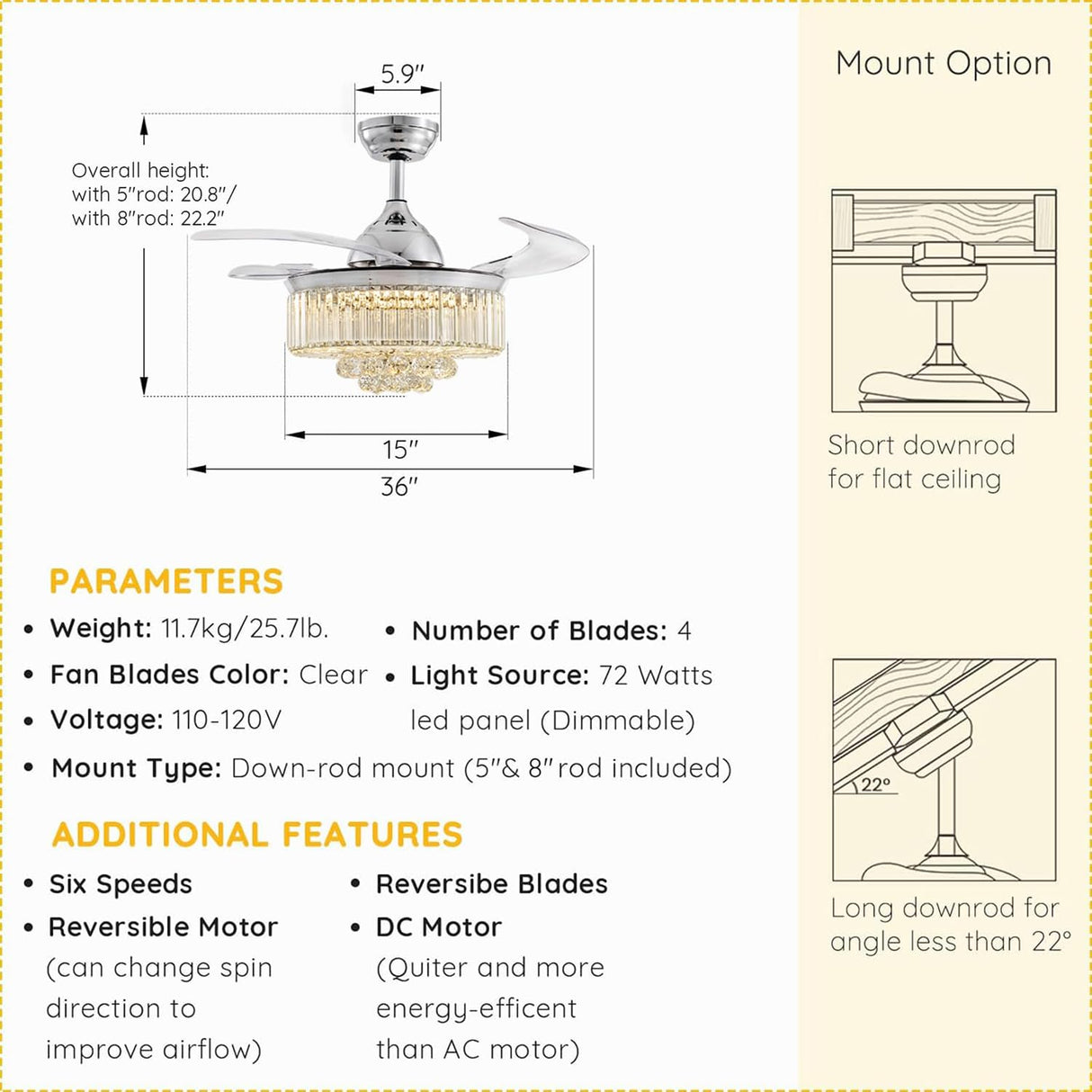 Moooni Dimmable Fandelier Crystal Ceiling Fans with Lights and Remote Modern Invisible Retractable Chandelier Fan LED Ceiling Fan Light Kit -Polished Chrome 36 Inches Moooni