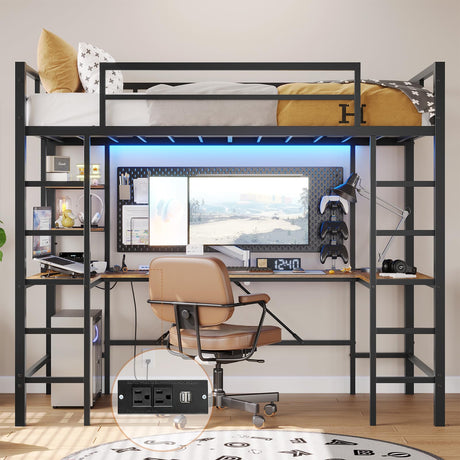 DICTAC Twin Loft Bed with U-Shaped Desk, LED Lights, Charging Station, and Storage Shelves – Metal Frame in Black DICTAC