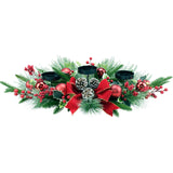 YULETIME 28" Christmas Triple Candelabrum, Holiday Candle Holder with Three Trays, Red Bowknot & Baubles, Natural Pine Cones, Red Berries, Green Leaves Holly, Spruce Branches, Pine Needles YULETIME