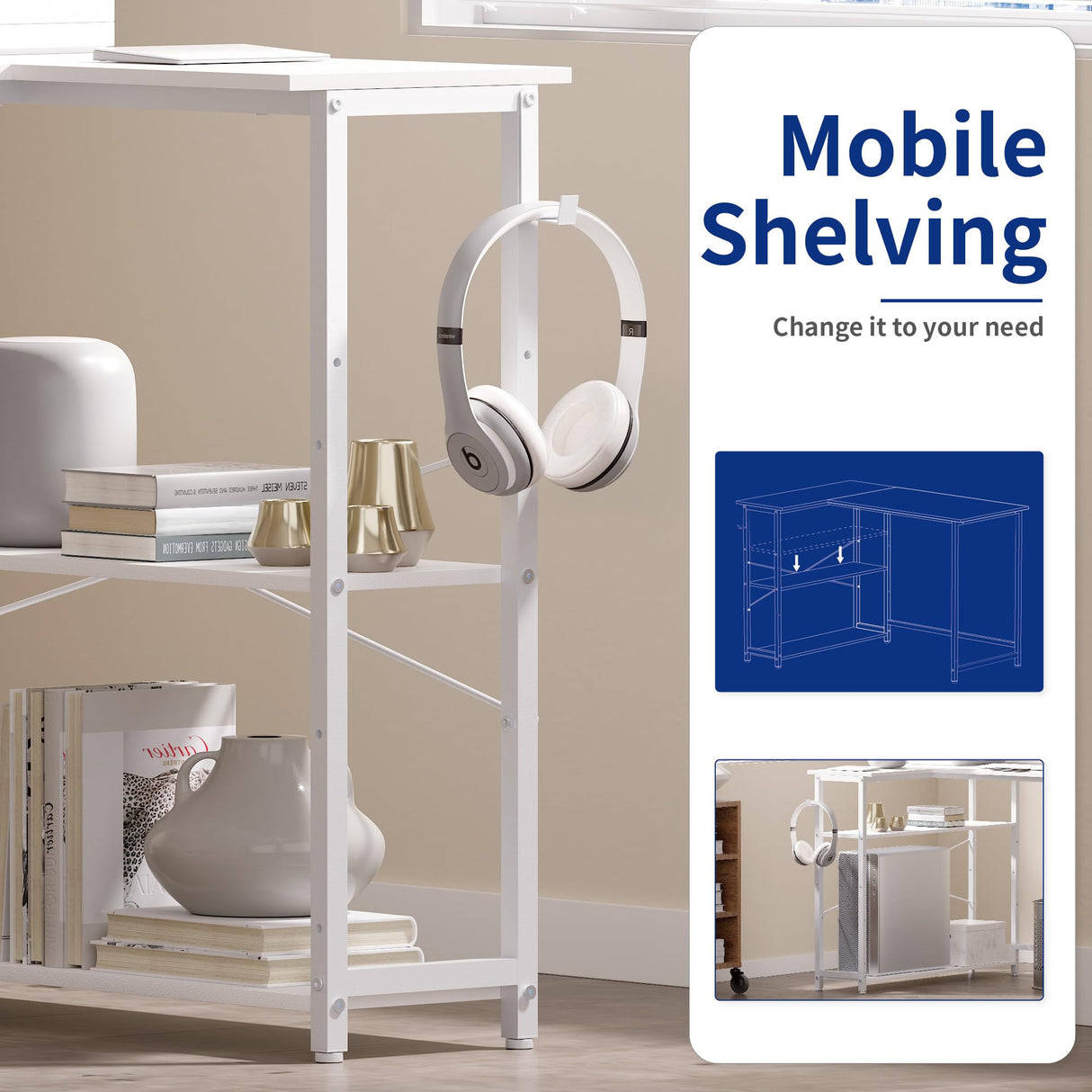 Pamray 43 Inch L Shaped Computer Desk with Reversible Side Storage Shelves, Small Corner Desk for Small Space Home Office,Writing Study Table PC Desk for Bedroom,White Pamray