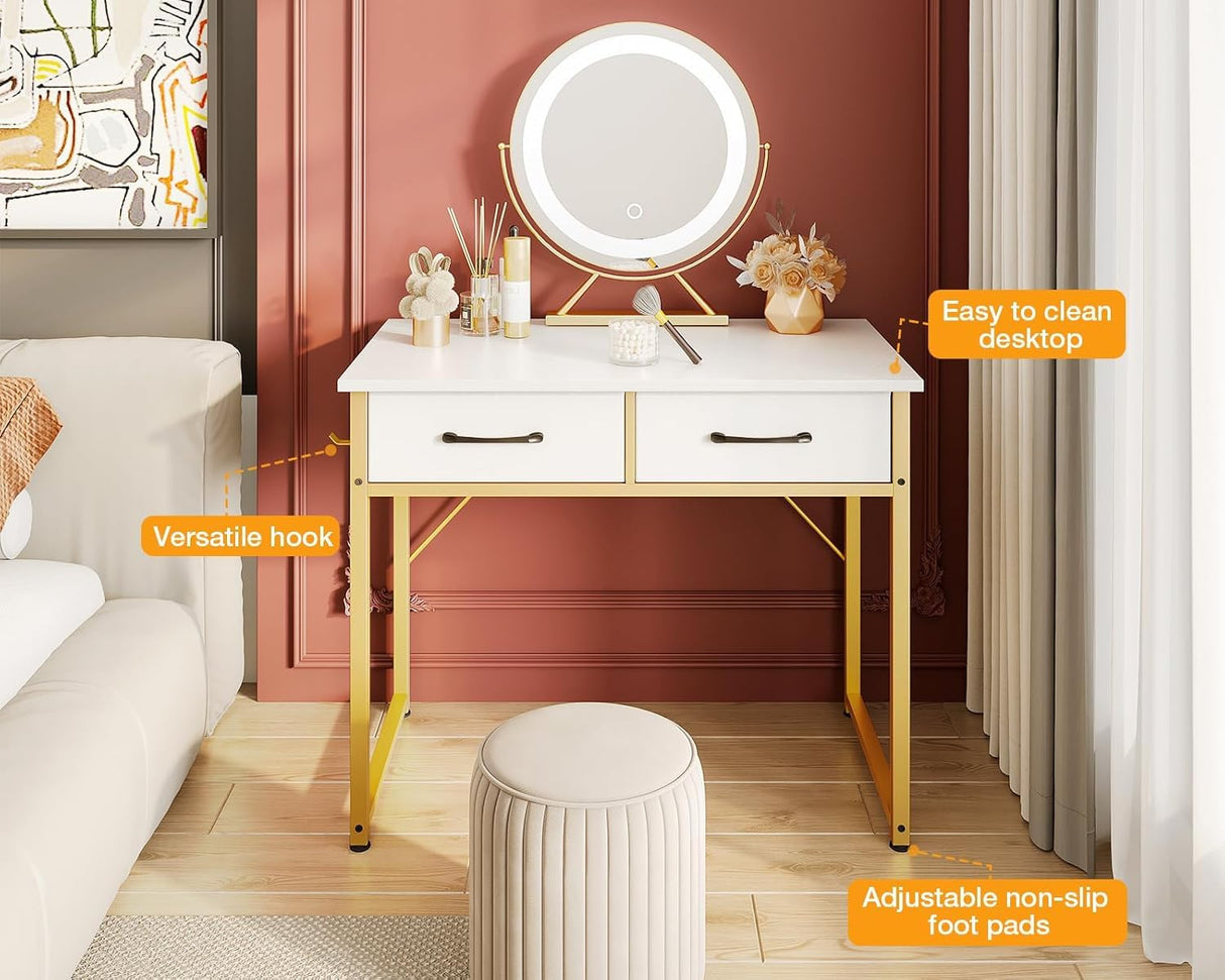 Casaottima 32 Inch Small Dressing Vanity Desk with 2 Drawers & Headphone Hook, Makeup Vanity Desk for Bedroom Without Mirror,Modern Space-Saving Design for Small Spaces White-Gold Casaottima