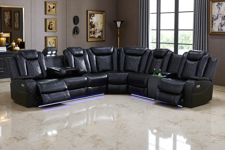 A Ainehome Black Leather Power Reclining Sectional Sofa with LED, Power Recliner Sectional Couch with Recliner Living Room Set with USB Port&Read Light for Living Room A Ainehome