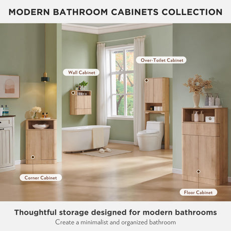 ACCOHOHO Modern Minimalist Bathroom Medicine Cabinet with Adjustable Shelf, Sliding Drawer and Magnetic Push Latch, Above Toilet Wall Mounted Hanging Storage Cabinet, Natural Oak ACCOHOHO