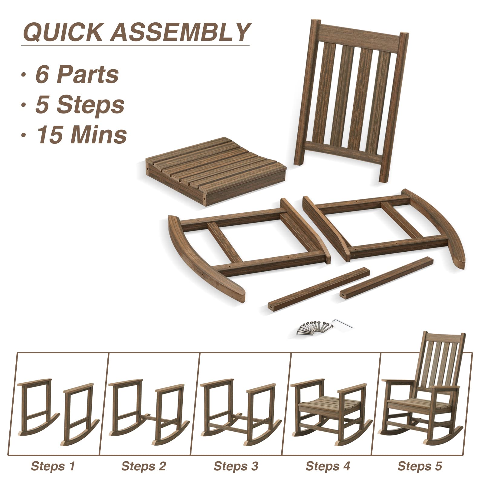 ACUEL Rocking Chair Outdoor, HDPE Oversized Patio Rocking Chairs, Weather Resistant, 350lbs Heavy Duty Porch Rocker with High Back for Backyard, Fire Pit, Garden and Indoor (Light Brown) - WoodArtSupply