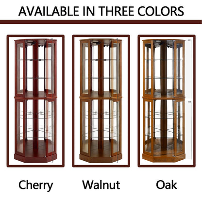 Lighted Curio Cabinet Corner Display Case for Living Room, China Hutch with Tempered Glass Doors and Shelves, Wooden Accent Cabinet, Bar and Liquor Storage Area(E26 light bulb not included) (Walnut)