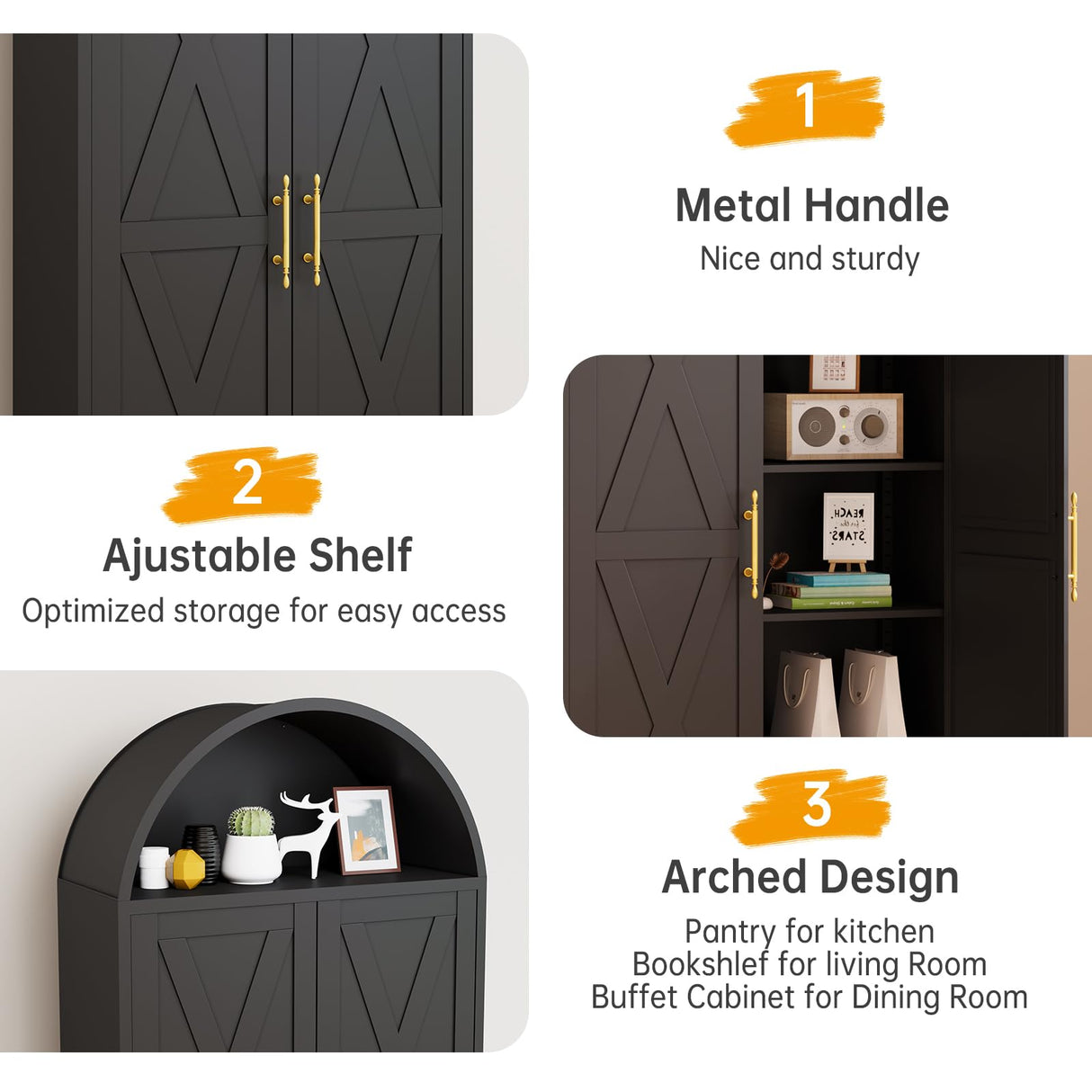 AUEYTVR 73" Metal Tall Arched Kitchen Pantry Cabinet,Arched Bookshelf China/Curio Cabinet Farmhouse Kitchen Storage Cabinets with 2 Doors&4 Adjustable Shelves,Glass Door for Dining Room AUEYTVR