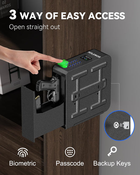 HOLEWOR Gun Safe, Slider Biometric Pistol Safe Fingerprint Handgun Safe, Mounted Single Gun Safe for Handgun with 3 Ways Quick Access Bedside Gun Safe for Nightstand, Bed, Desk, Wall, Dresser HOLEWOR
