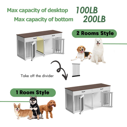 DAWNSPACES Furniture Style Dog Crate, 64.6 Inch Wooden Large Dog Kennel with Drawers & Divider, Indoor Dog House Furniture with Double Rooms for Medium Small Dogs, White - WoodArtSupply