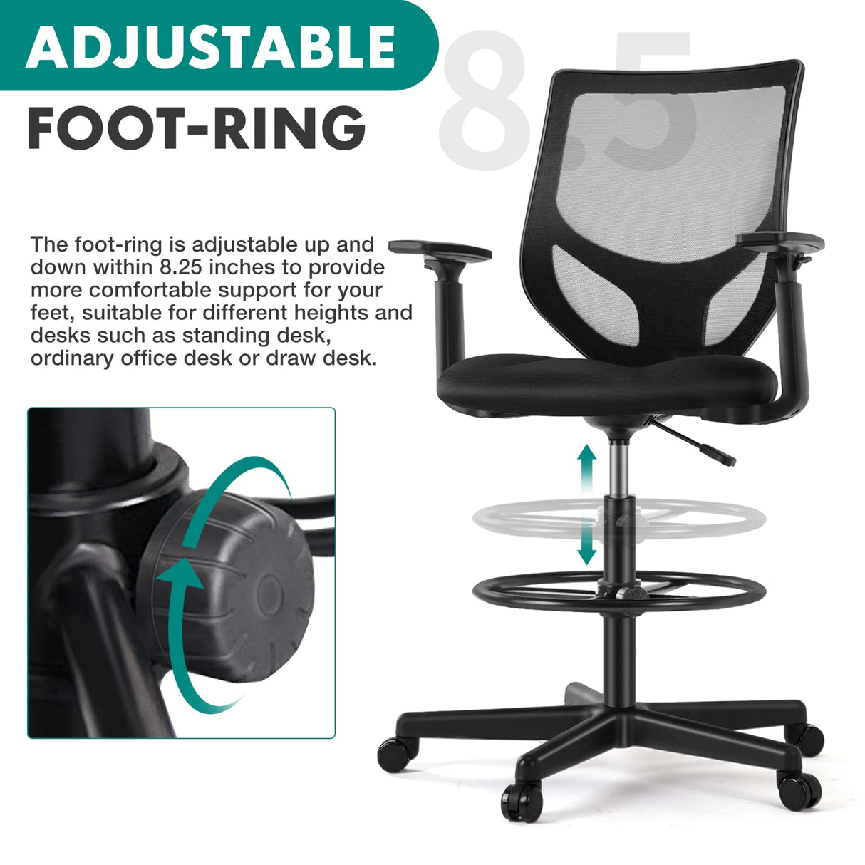B0B744NKYL– Tall Drafting Chair - Tall Standing Office Desk Chair with Adjustable Foot Ring, Chair with Ergonomic Lumbar Support, Adjustable Height, Breathable Mesh Color: DarkBlack OLIXIS