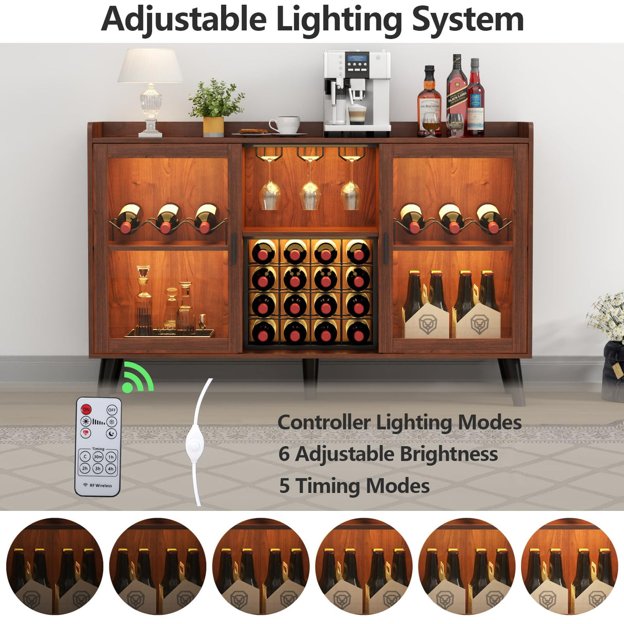 Loomie Wine Bar Cabinet with LED Light, Home Coffee Cabinet with Wine Rack and Glass Holder, Kitchen Buffet Sideboard W Storage Shelf, Freestanding Liquor Cabinet for Living Room, Dining Room (Walnut) Loomie