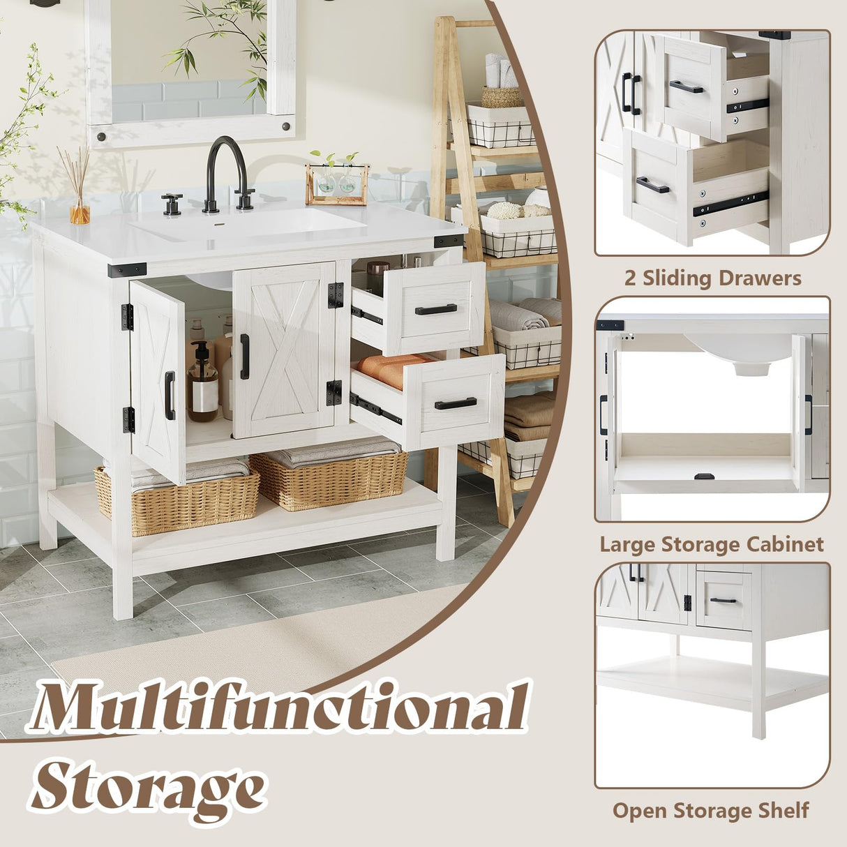 AMERLIFE 36" Farmhouse Bathroom Vanity with Sink Combo, Wood Barn Door Freestanding Small Single Bath Storage Cabinet Set with Sliding Drawers & Open Shelf, Paper Towel Holder, Antique White AMERLIFE