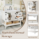 AMERLIFE 36" Farmhouse Bathroom Vanity with Sink Combo, Wood Barn Door Freestanding Small Single Bath Storage Cabinet Set with Sliding Drawers & Open Shelf, Paper Towel Holder, Antique White AMERLIFE