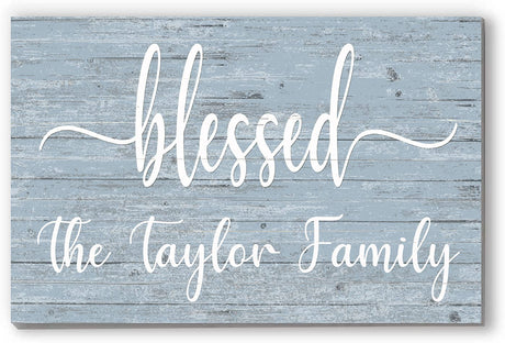 Blessed Sign Custom Family Name Sign Personalized - Solid Wood - Wall Art for Anniversary, New Home, Mother's Day, Couples Gift Idea (Blue) Broad Bay