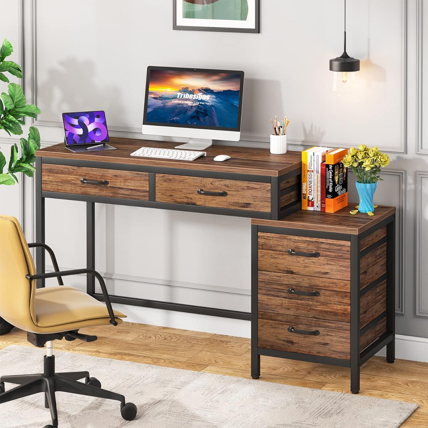 Tribesigns Computer Desk with 5 Drawers, Home Office Desks with Reversible Drawer Cabinet Printer Stand, Industrial PC Desk with Storage, Rustic Study Writing Table Workstation for Small Spac - WoodArtSupply