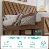 Incyneva Queen Bed with Adjustable Headboard, Farmhouse Platform Bed Wood with LED Light and Charging Station, Diagonal Line & Rustic Brown Incyneva