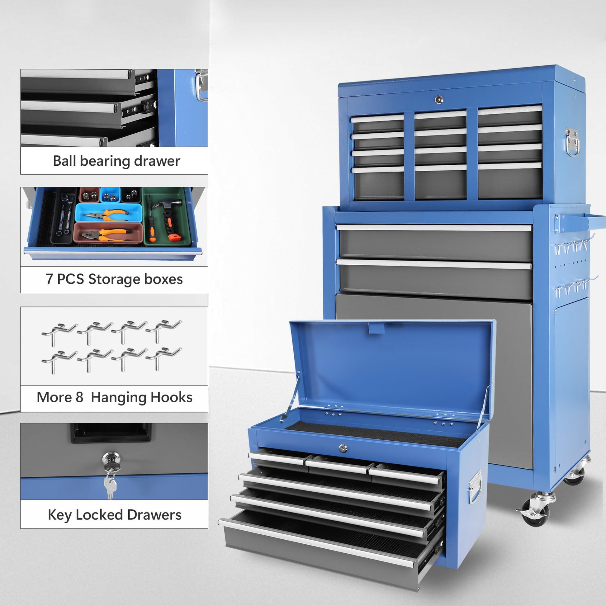 Tool Chest with 8 Drawers, 2-in-1 Mobile Steel Tool Cabinet Storage with Wheels & Lock, Tool Chest Organizer for Garage, Workshop, Home Crafts Use - WoodArtSupply