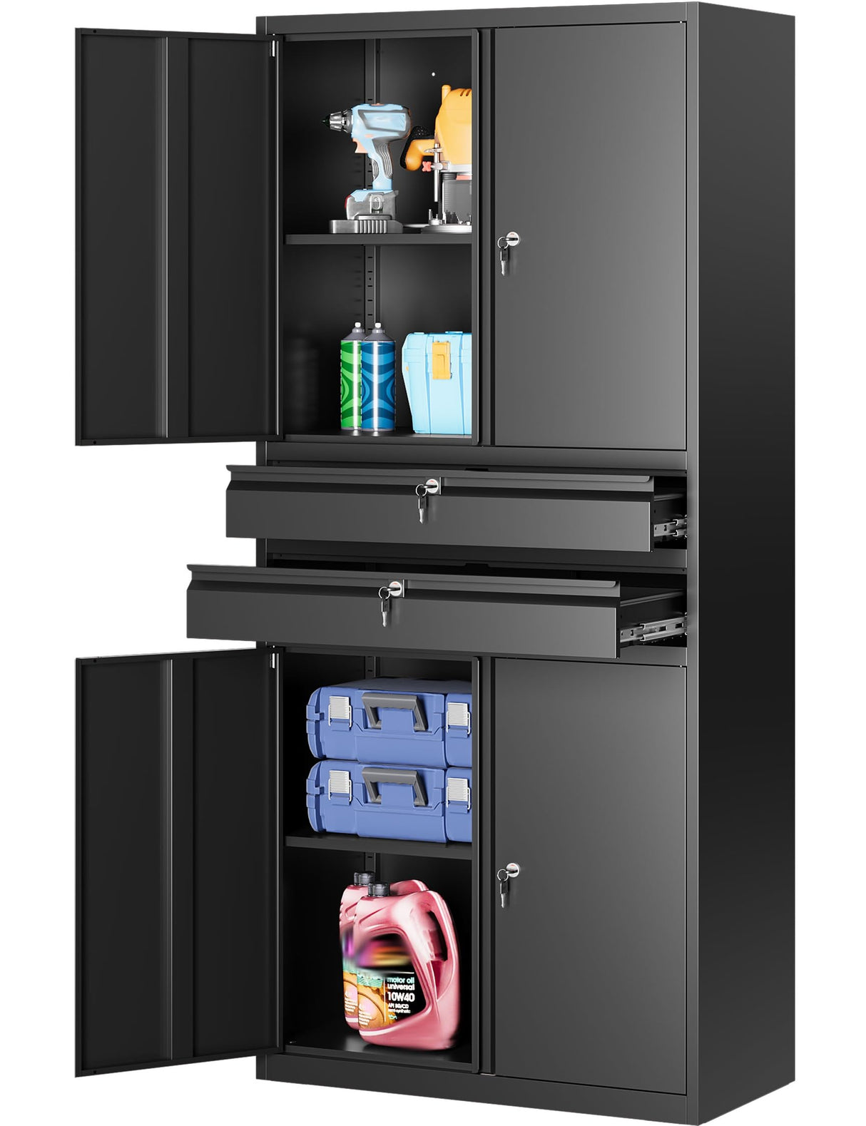 Metal Storage Cabinet with Drawer and Locks,Black Garage Storage Cabinet with Locking Doors and Adjustable Shelves,71" Tall Large Metal Cabinets with Magnetic Door for Home,Office,Garage SISESOL