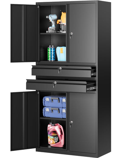 Metal Storage Cabinet with Drawer and Locks,Black Garage Storage Cabinet with Locking Doors and Adjustable Shelves,71" Tall Large Metal Cabinets with Magnetic Door for Home,Office,Garage