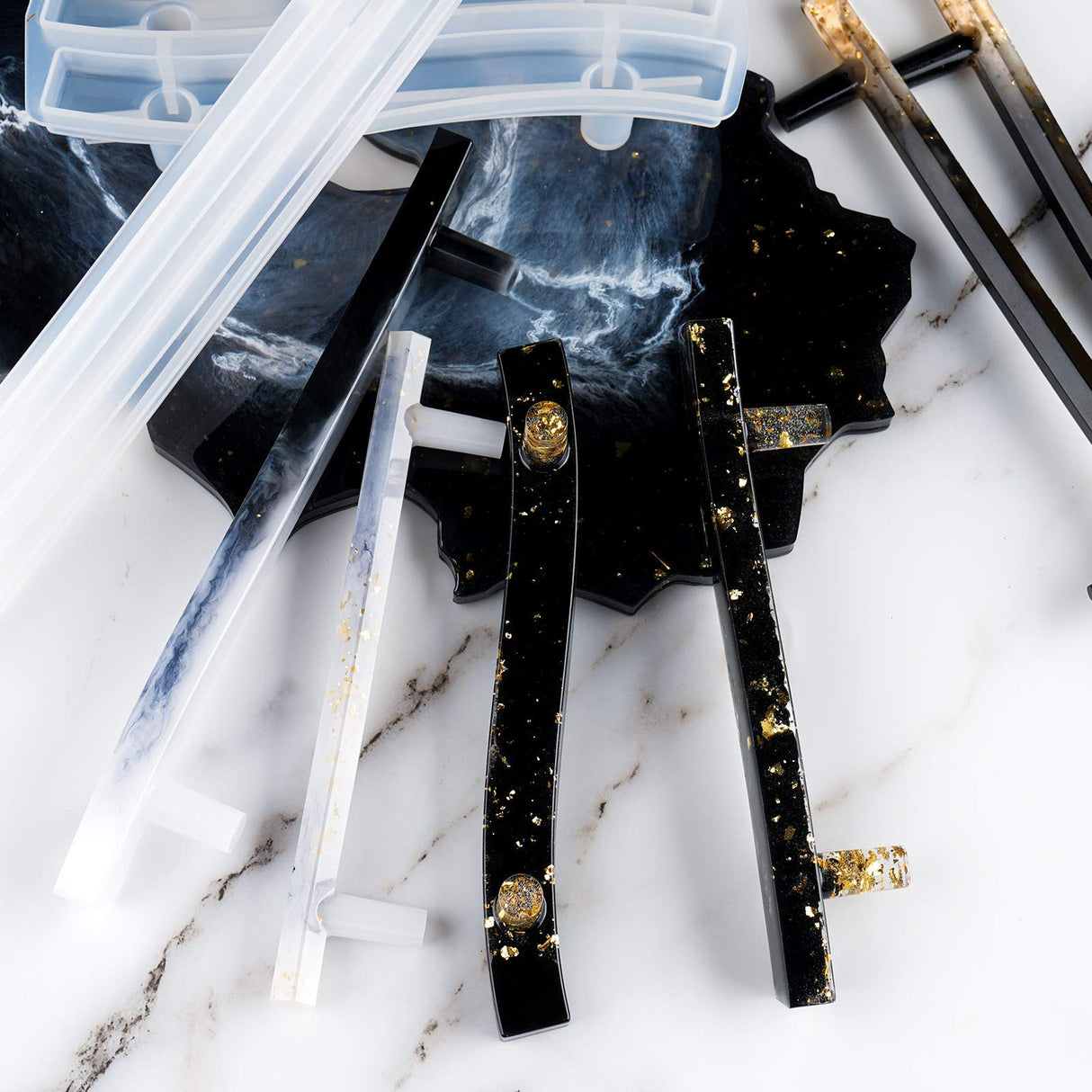 NiArt 4 Pairs Soft Silicone DIY Epoxy Resin Casting Molds, Curved Rectangle Wave + Straight Hexagon Cabinet Door Serving Tray Furniture Drawer Bar Pull Handles Agate Multipurpose Art Craft Decoration NiArt