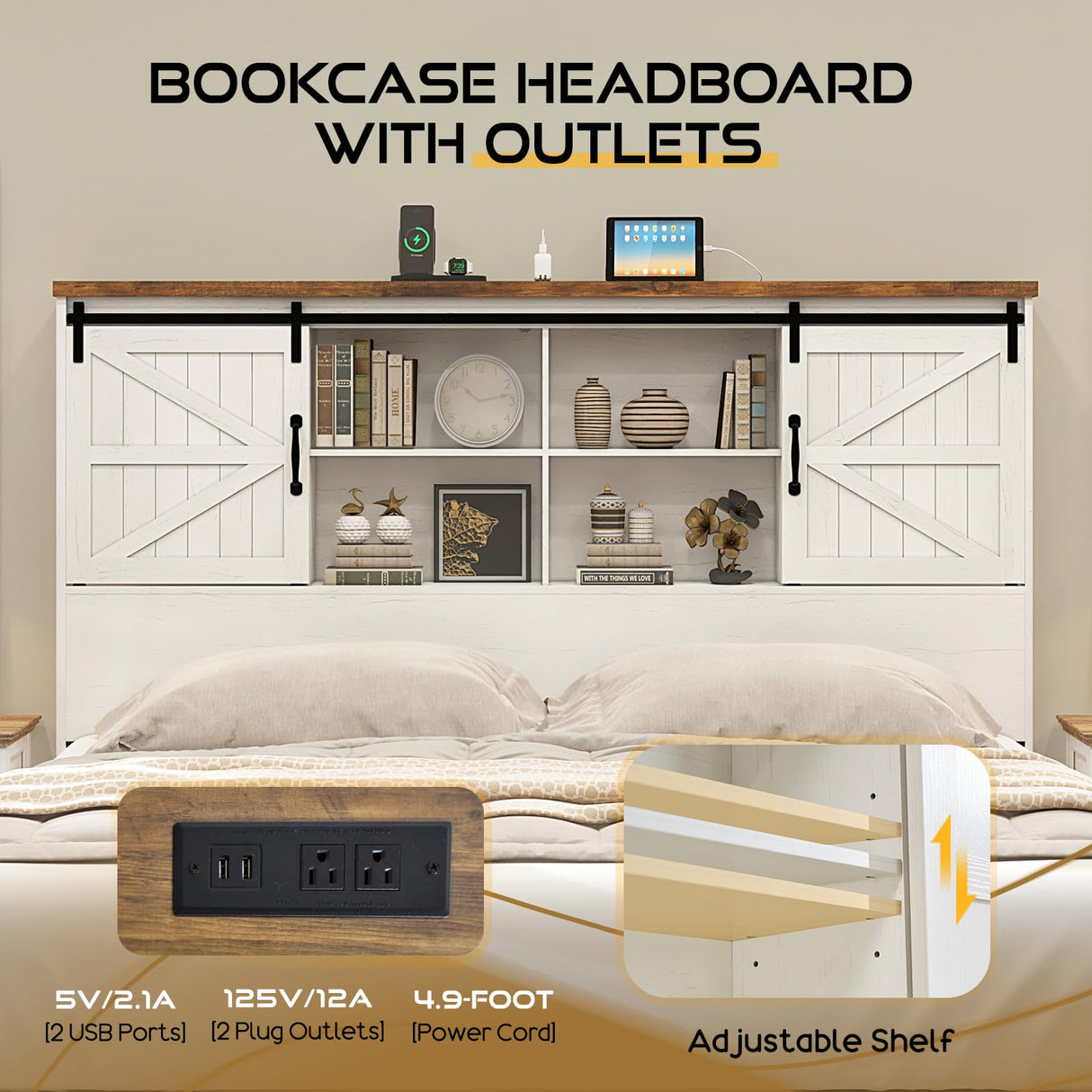 HOWE King Size Wood Platform Bed Frame with 51.2" Bookcase Headboard, Storage Bed with Sliding Barn Door Charging Station 2 Drawers, No Box Spring Needed/Farmhouse/White HOWE